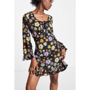 Wednesday's Girl Fit Flare Mini Tea Dress in 70s Print ASOS Size Large